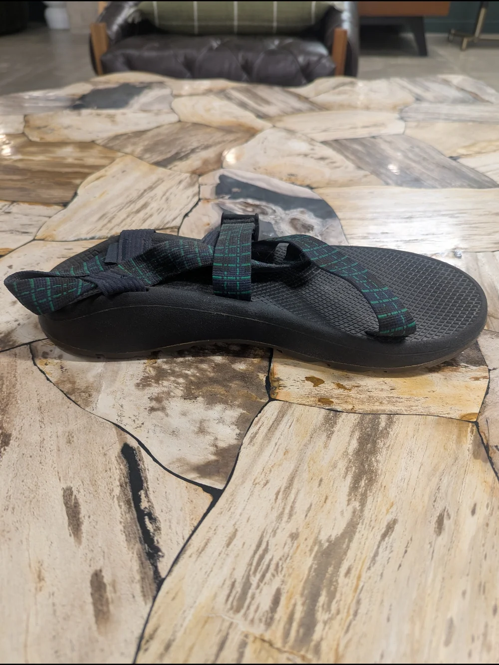 Black Chacos Strappy Outdoor Sandals with Green Plaid Accent